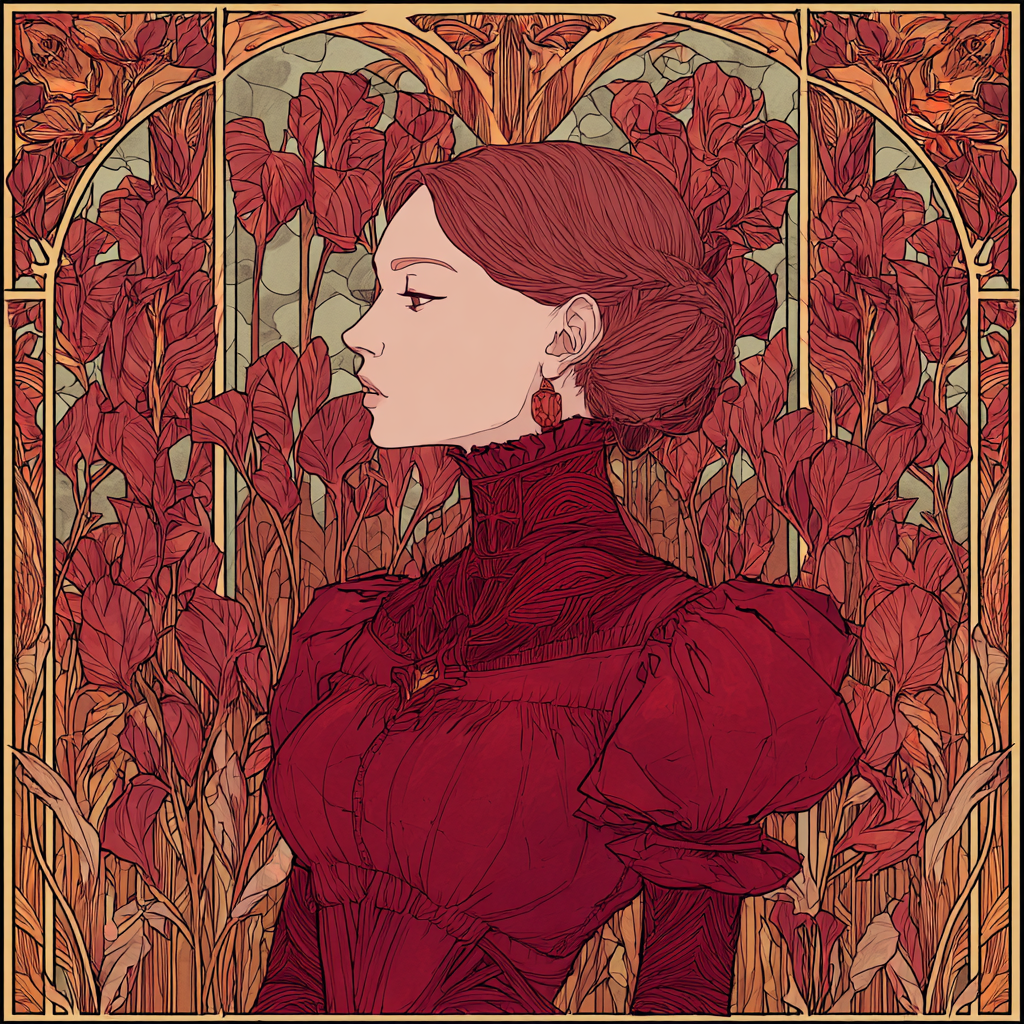 crimson velvet whisper echo in the style of art-nouveau