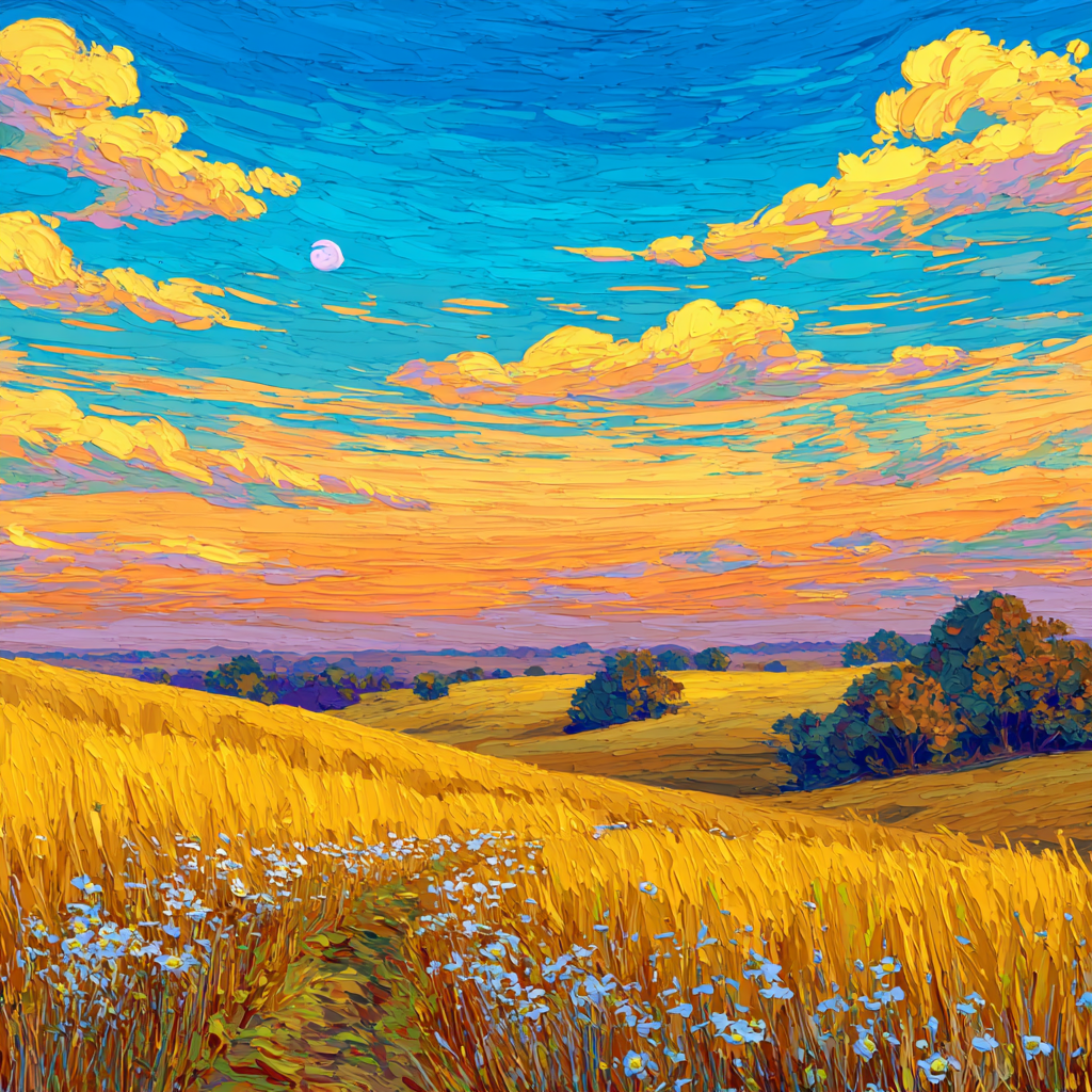 golden sunset meadow breeze in the style of impressionism