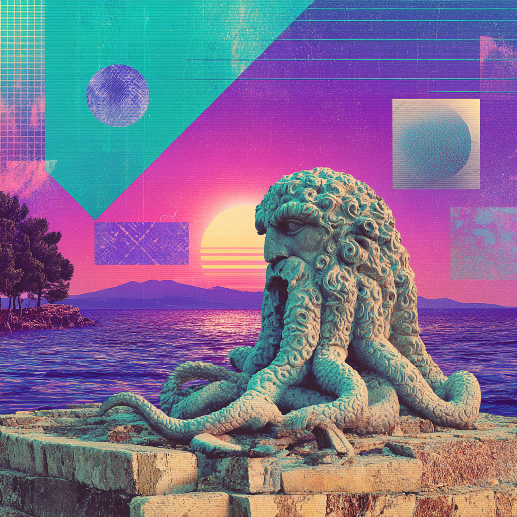 irreptitious plotproof rebake scyphomancy in the style of vaporwave