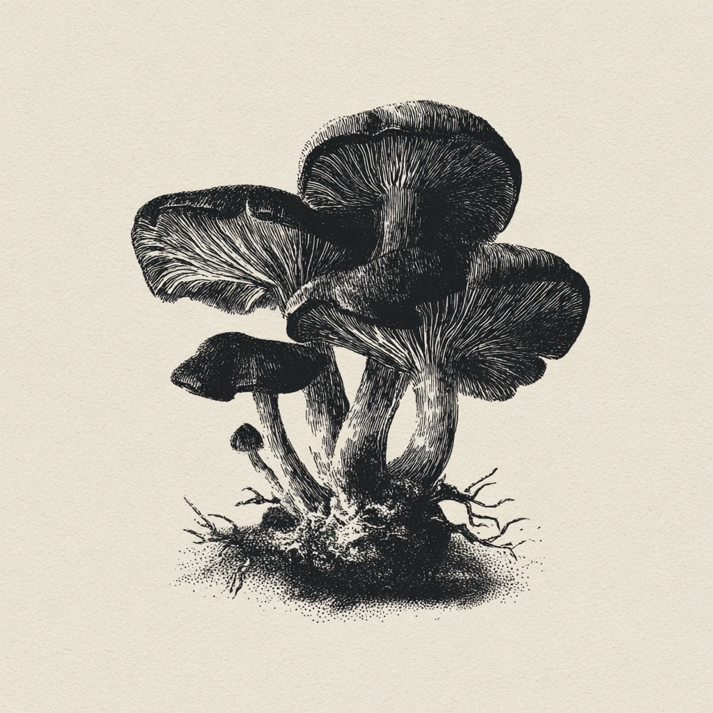 jaundiceroot mushroomstamp pectinibranch finlir in the style of ink