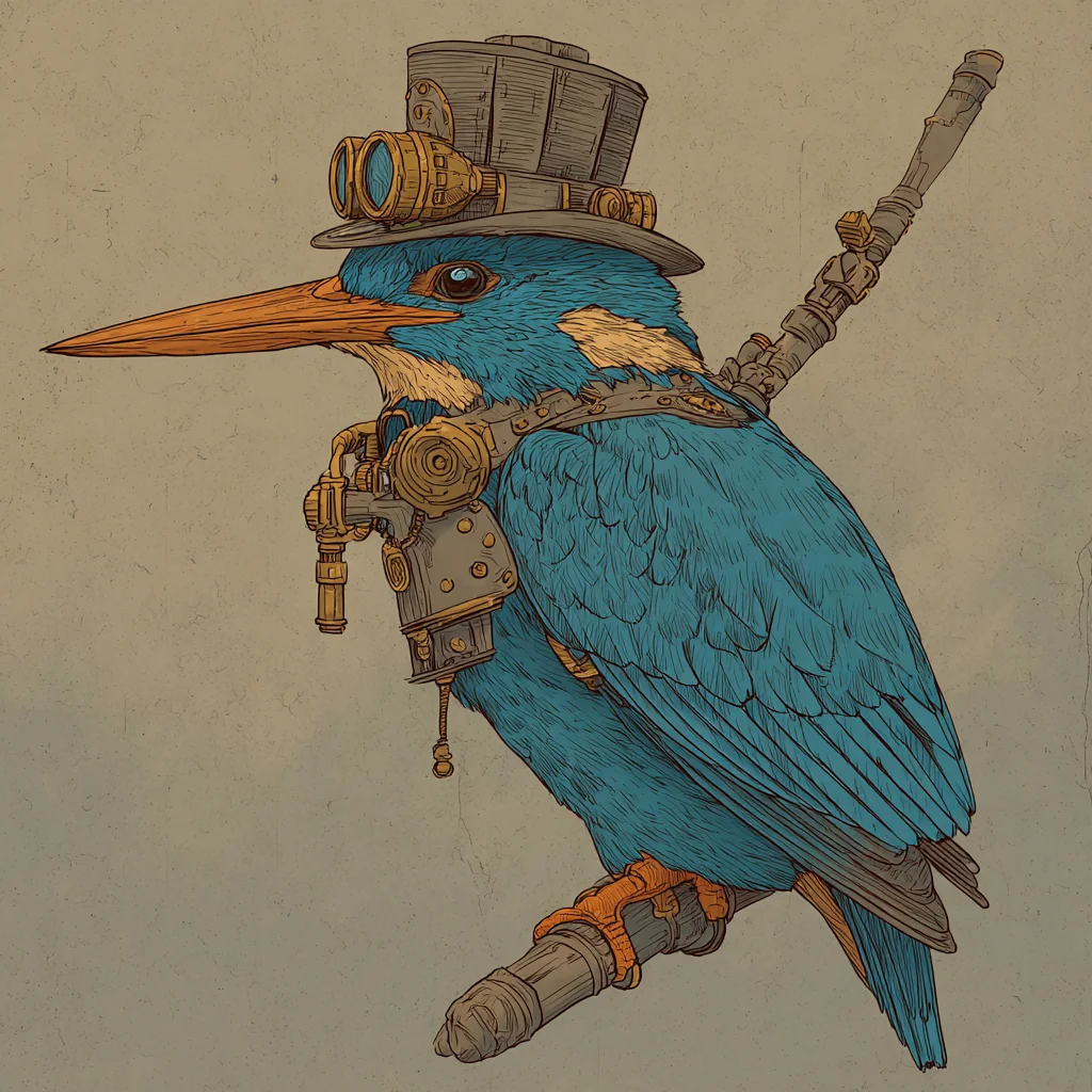 kingfisher dissapointed epigastriocele gnistra in the style of steampunk